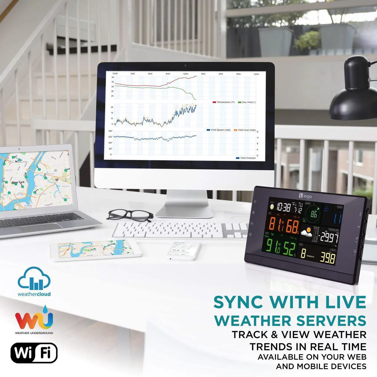 Alt view image 6 of 7 - Logia 17-in-1 Wi-Fi Wireless Weather Station with 7-in-1 Outdoor Solar Sensor Array, Indoor/Outdoor Temperature, Humidity, Wind Speed/Direction, Rain, UV & More with Forecast Data, Alerts