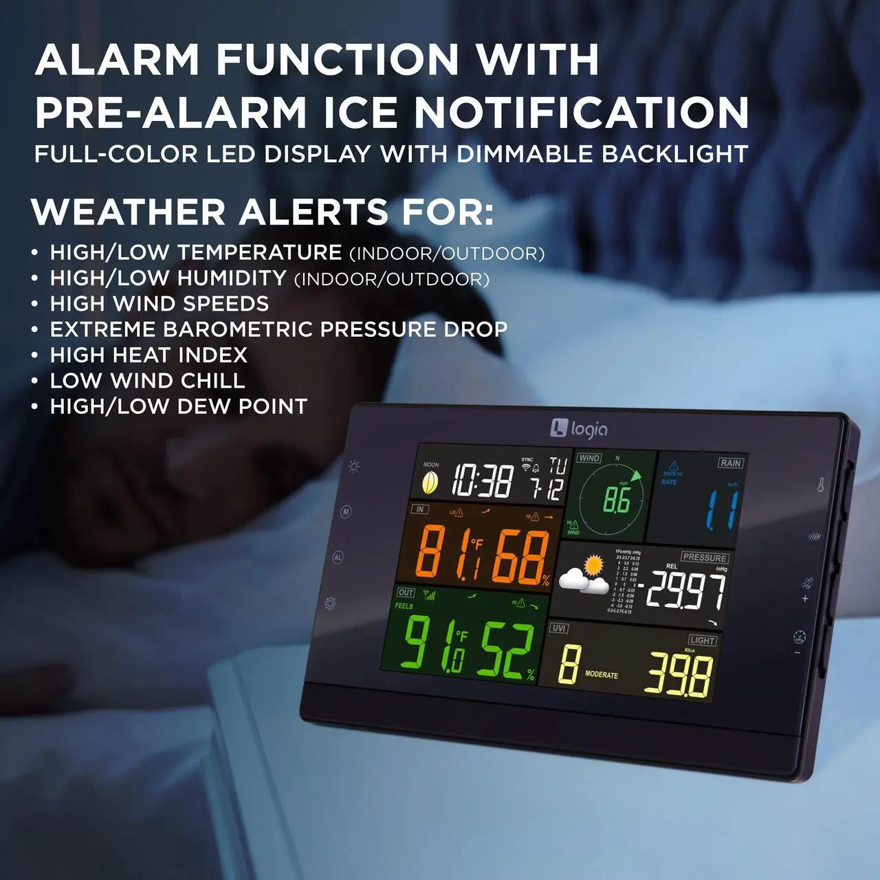 Alt view image 5 of 7 - Logia 17-in-1 Wi-Fi Wireless Weather Station with 7-in-1 Outdoor Solar Sensor Array, Indoor/Outdoor Temperature, Humidity, Wind Speed/Direction, Rain, UV & More with Forecast Data, Alerts