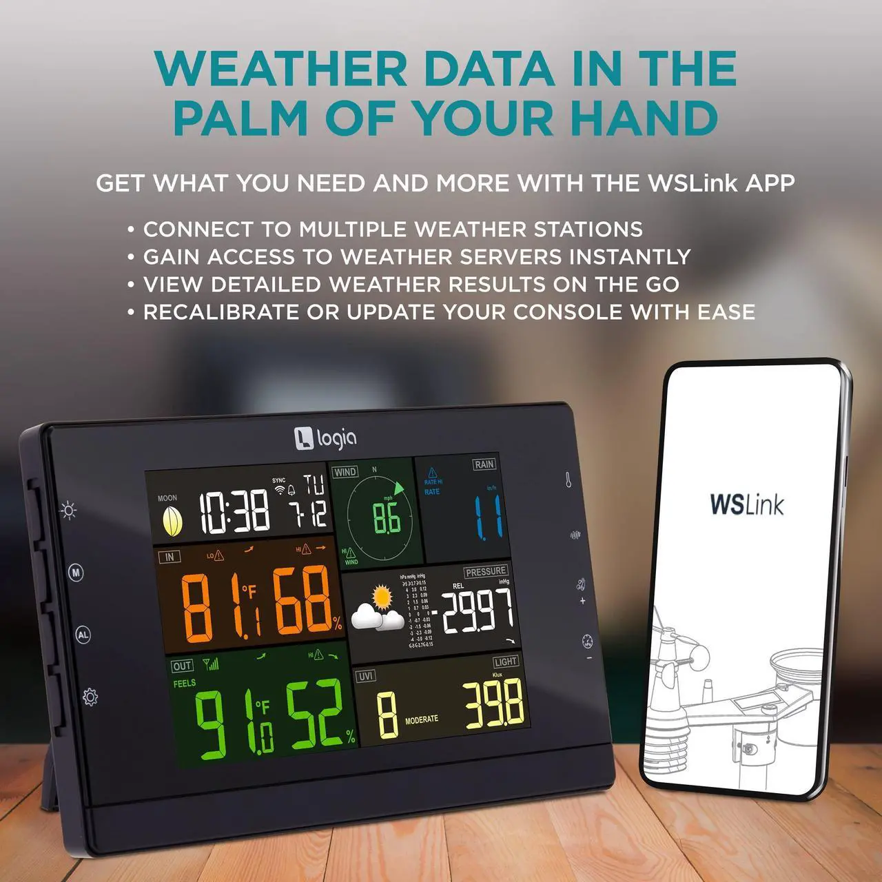 Alt view image 7 of 7 - Logia 17-in-1 Wi-Fi Wireless Weather Station with 7-in-1 Outdoor Solar Sensor Array, Indoor/Outdoor Temperature, Humidity, Wind Speed/Direction, Rain, UV & More with Forecast Data, Alerts