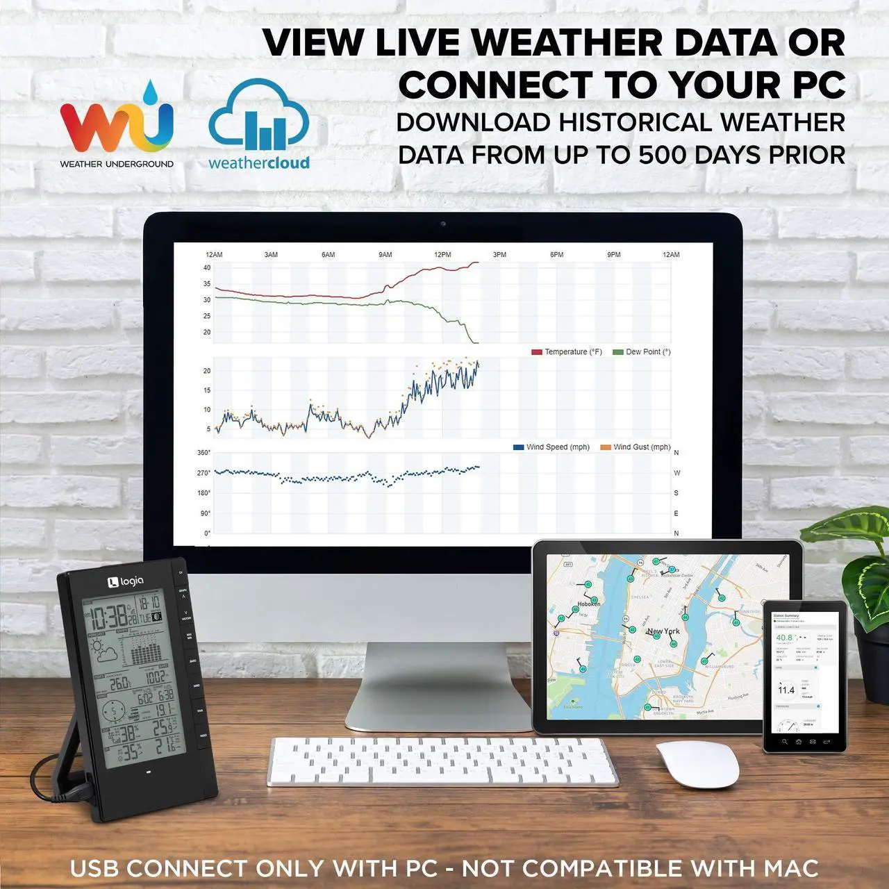 Alt view image 3 of 7 - Logia 5-in-1 Indoor/Outdoor Weather Station + 3 Pack Indoor Hygro-Thermo Sensors | Remote Monitoring System w/PC Connect | Temperature, Humidity, Wind Speed/Direction, Rain & More