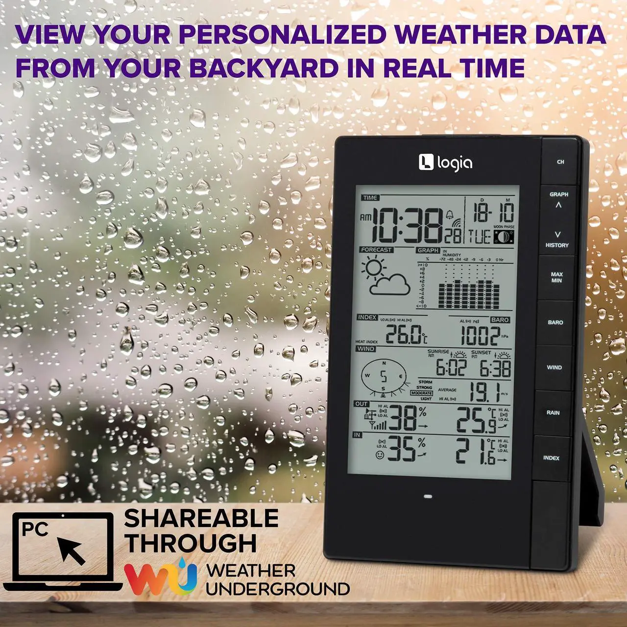 Alt view image 7 of 7 - Logia 5-in-1 Indoor/Outdoor Weather Station + 3 Pack Indoor Hygro-Thermo Sensors | Remote Monitoring System w/PC Connect | Temperature, Humidity, Wind Speed/Direction, Rain & More