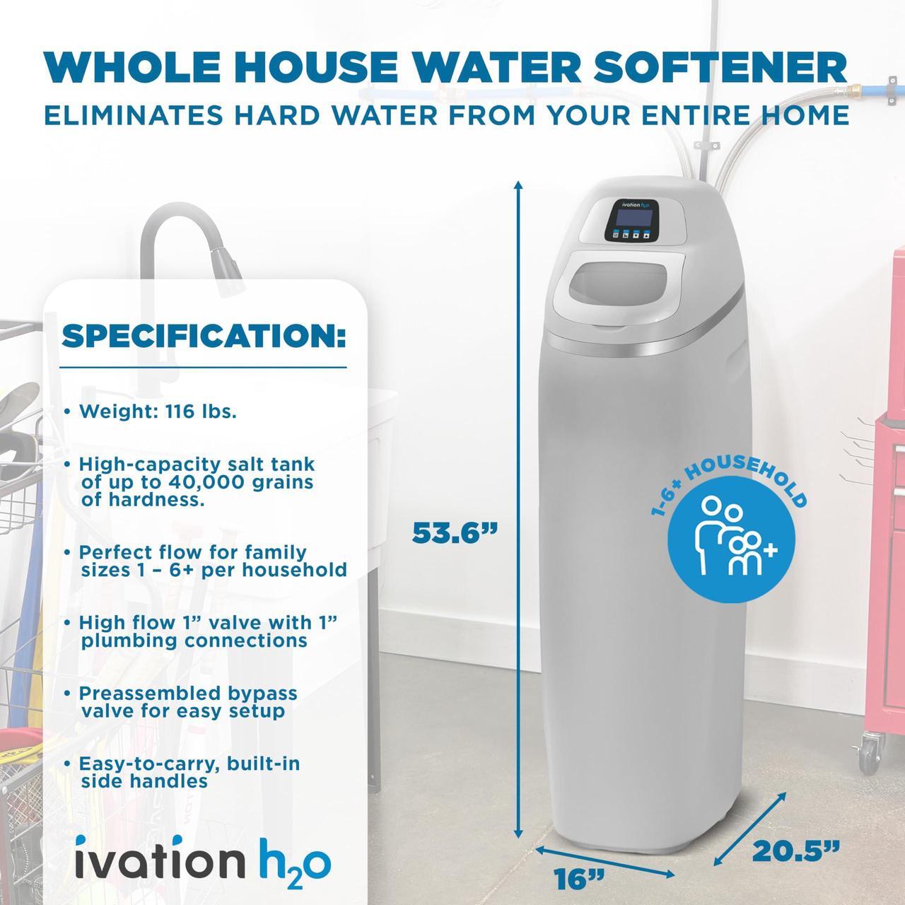 Alt view image 6 of 7 - Ivation H2O 40,000 Grain Water Softener with Patented Ceramic Discs, Automatic Whole House Soft Water Regeneration Reduces Magnesium & Hard Minerals & Improves Water Quality