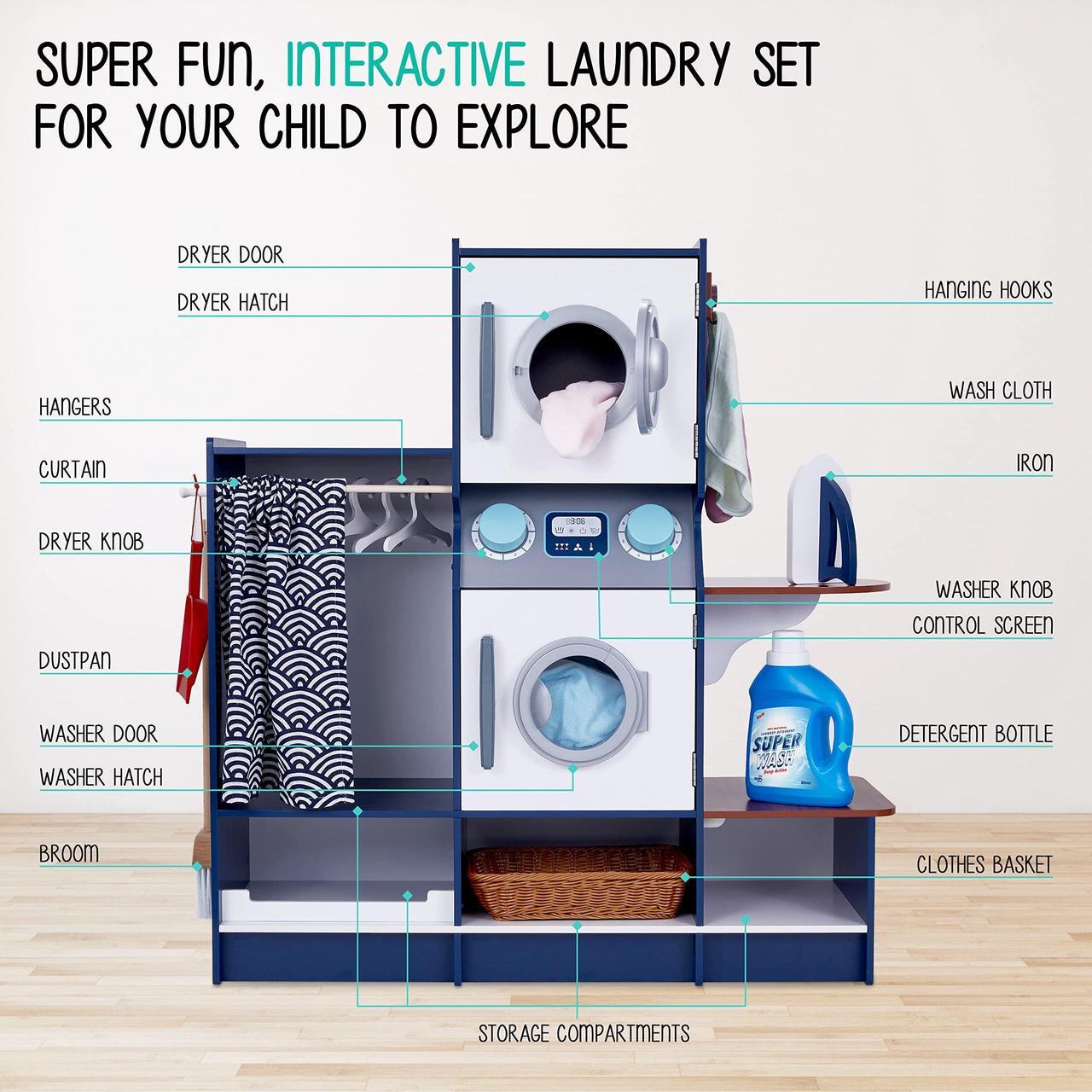 Alt view image 2 of 7 - Lil Jumbl kids Washer and Dryer Playset, Wooden Children's Pretend Laundry Set, Includes Broom, Dustpan, Iron, Hangers & Basket, Realistic Laundry Room for Kids