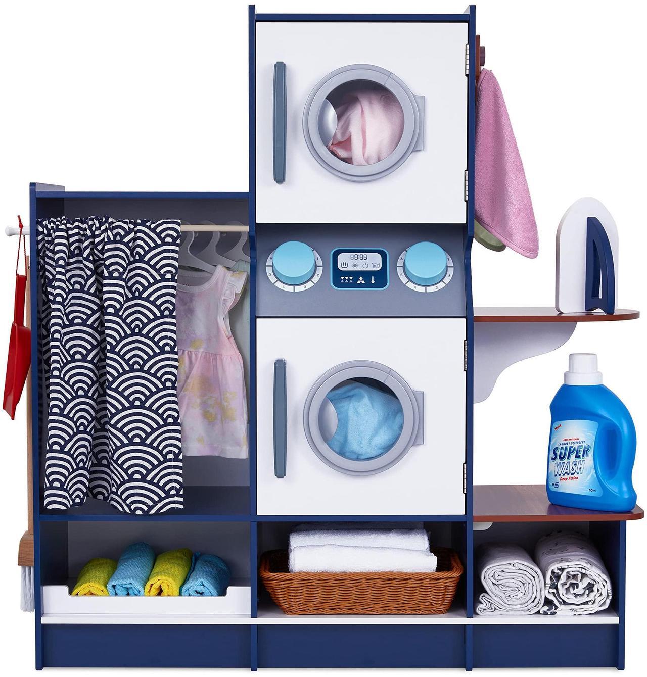 Main image of Lil Jumbl kids Washer and Dryer Playset, Wooden Children's Pretend Laundry Set, Includes Broom, Dustpan, Iron, Hangers & Basket, Realistic Laundry Room for Kids