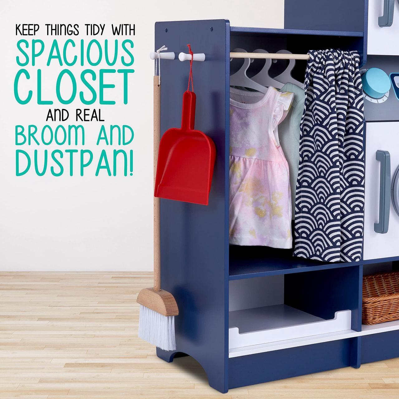 Alt view image 4 of 7 - Lil Jumbl kids Washer and Dryer Playset, Wooden Children's Pretend Laundry Set, Includes Broom, Dustpan, Iron, Hangers & Basket, Realistic Laundry Room for Kids