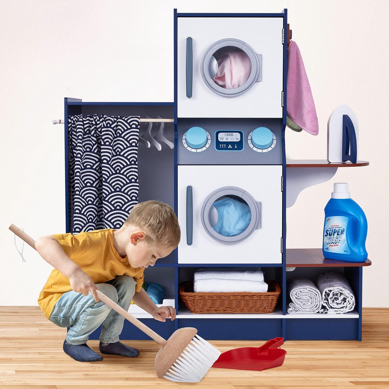 Alt view image 6 of 7 - Lil Jumbl kids Washer and Dryer Playset, Wooden Children's Pretend Laundry Set, Includes Broom, Dustpan, Iron, Hangers & Basket, Realistic Laundry Room for Kids