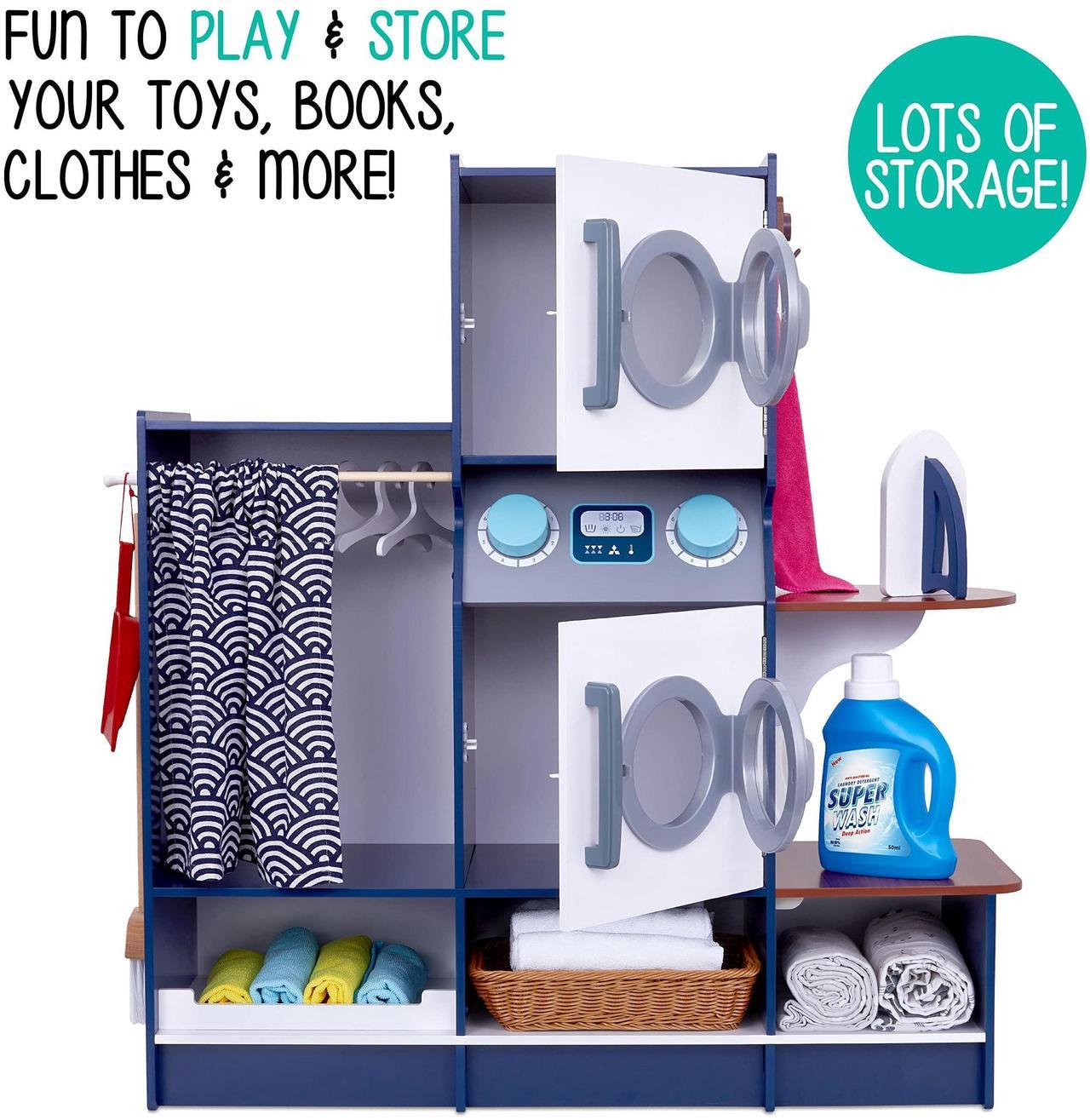 Alt view image 7 of 7 - Lil Jumbl kids Washer and Dryer Playset, Wooden Children's Pretend Laundry Set, Includes Broom, Dustpan, Iron, Hangers & Basket, Realistic Laundry Room for Kids