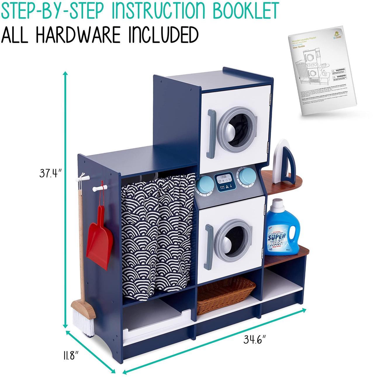 Alt view image 5 of 7 - Lil Jumbl kids Washer and Dryer Playset, Wooden Children's Pretend Laundry Set, Includes Broom, Dustpan, Iron, Hangers & Basket, Realistic Laundry Room for Kids