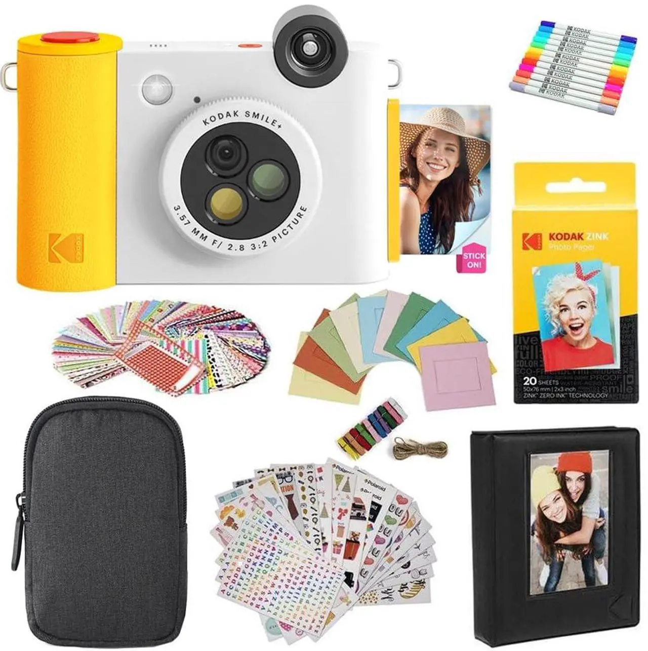 Main image of KODAK Smile+ 2-in-1 Digital Instant Print Camera & Photo Printer Gift Bundle + Case + Zink 2x3" Sticky Back Photo Paper 20pk + Album + Sticker Sets + Sticker Frames + Hanging Frames + Markers - White