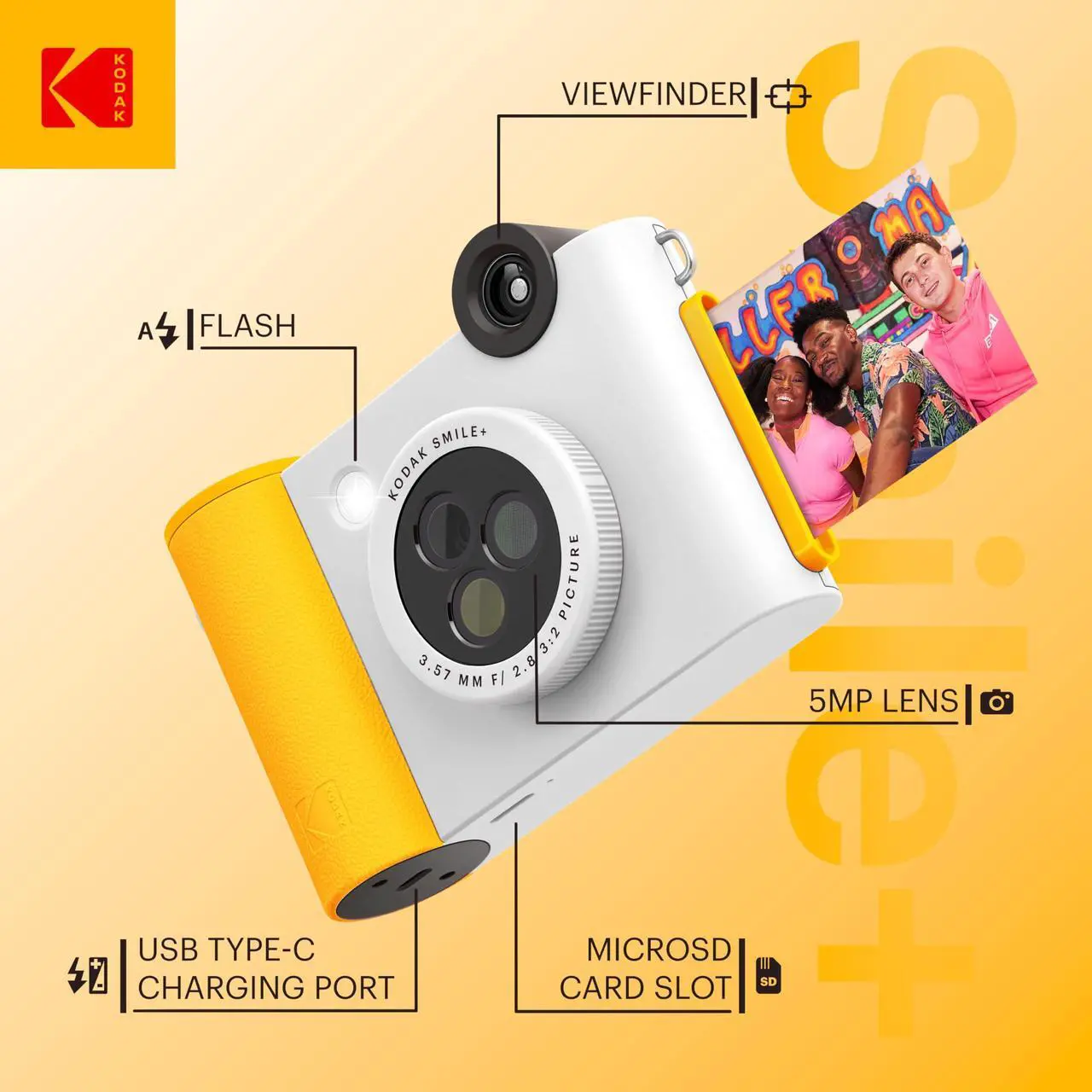 Alt view image 2 of 7 - KODAK Smile+ 2-in-1 Digital Instant Print Camera & Photo Printer Gift Bundle + Case + Zink 2x3" Sticky Back Photo Paper 20pk + Album + Sticker Sets + Sticker Frames + Hanging Frames + Markers - White
