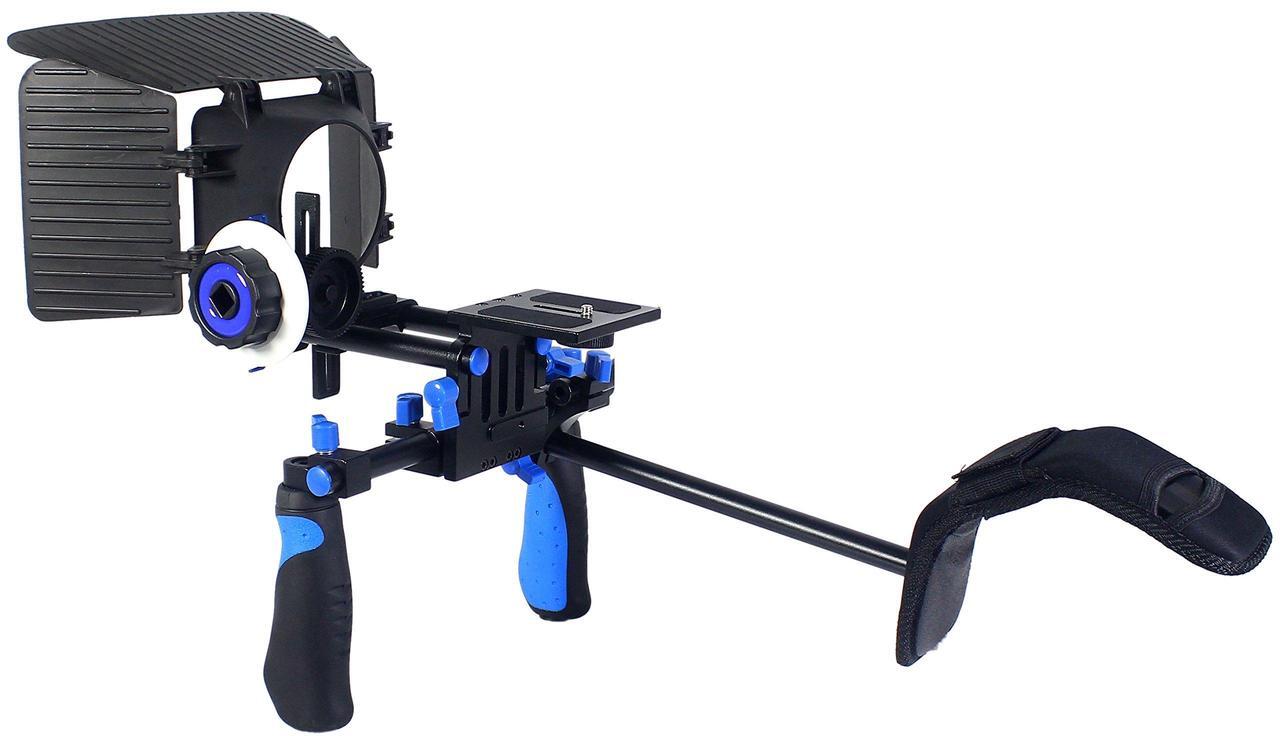 Alt view image 3 of 5 - Pro Steady DSLR Complete Movie Rig with Shoulder Mount and Follow Focus System and a Matte Box Shading Card for All DSLR Cameras & Video Camcorders (Blue)