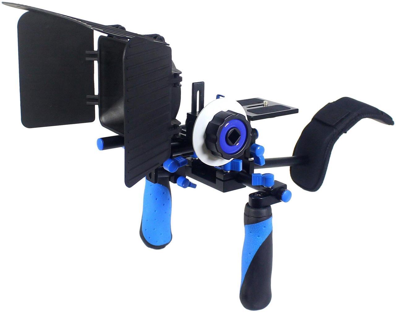 Main image of Pro Steady DSLR Complete Movie Rig with Shoulder Mount and Follow Focus System and a Matte Box Shading Card for All DSLR Cameras & Video Camcorders (Blue)