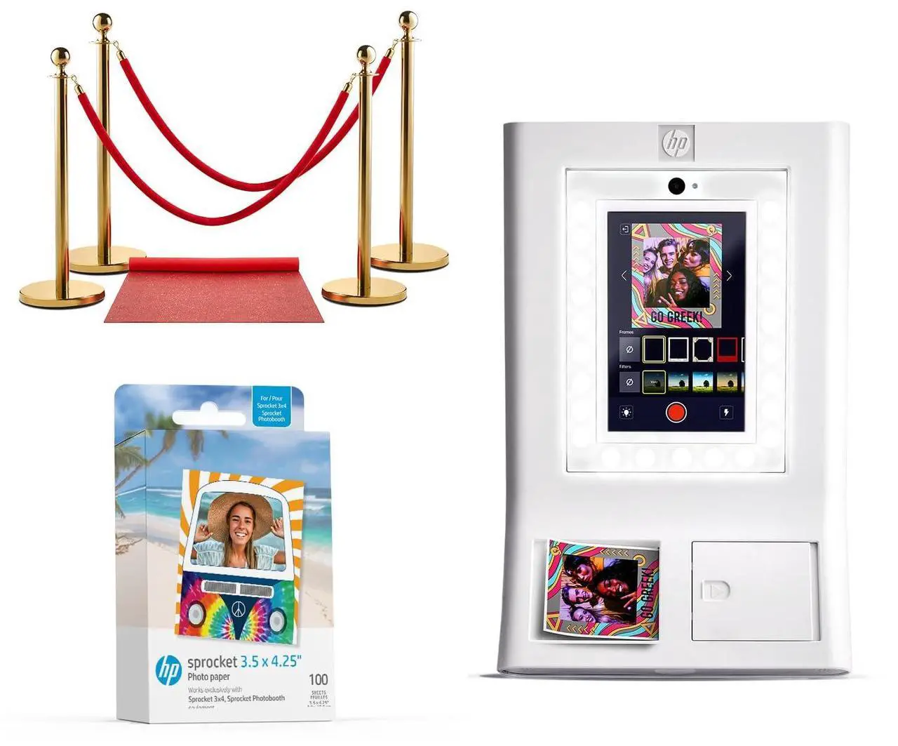 Main image of HP Sprocket Photo Booth Machine Instant Color Photo Printer (White) + Zink Paper (100 Sheets) + Red Carpet Bundle