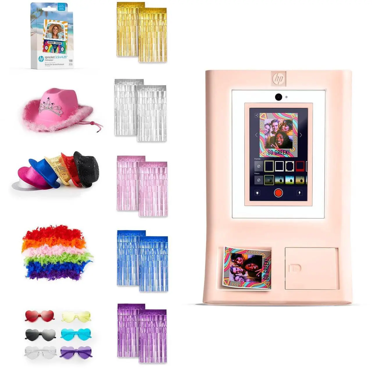 Main image of HP Sprocket Photo Booth Machine Instant Color Photo Printer (Pink) + Zink Paper (100 Sheets)+ Fedora Bundle (x6)+ Heart Glasses (6pc)+ Feather Boas (x6) +Pink Cowboy Hat + Foil Curtain Backdrop (x5)