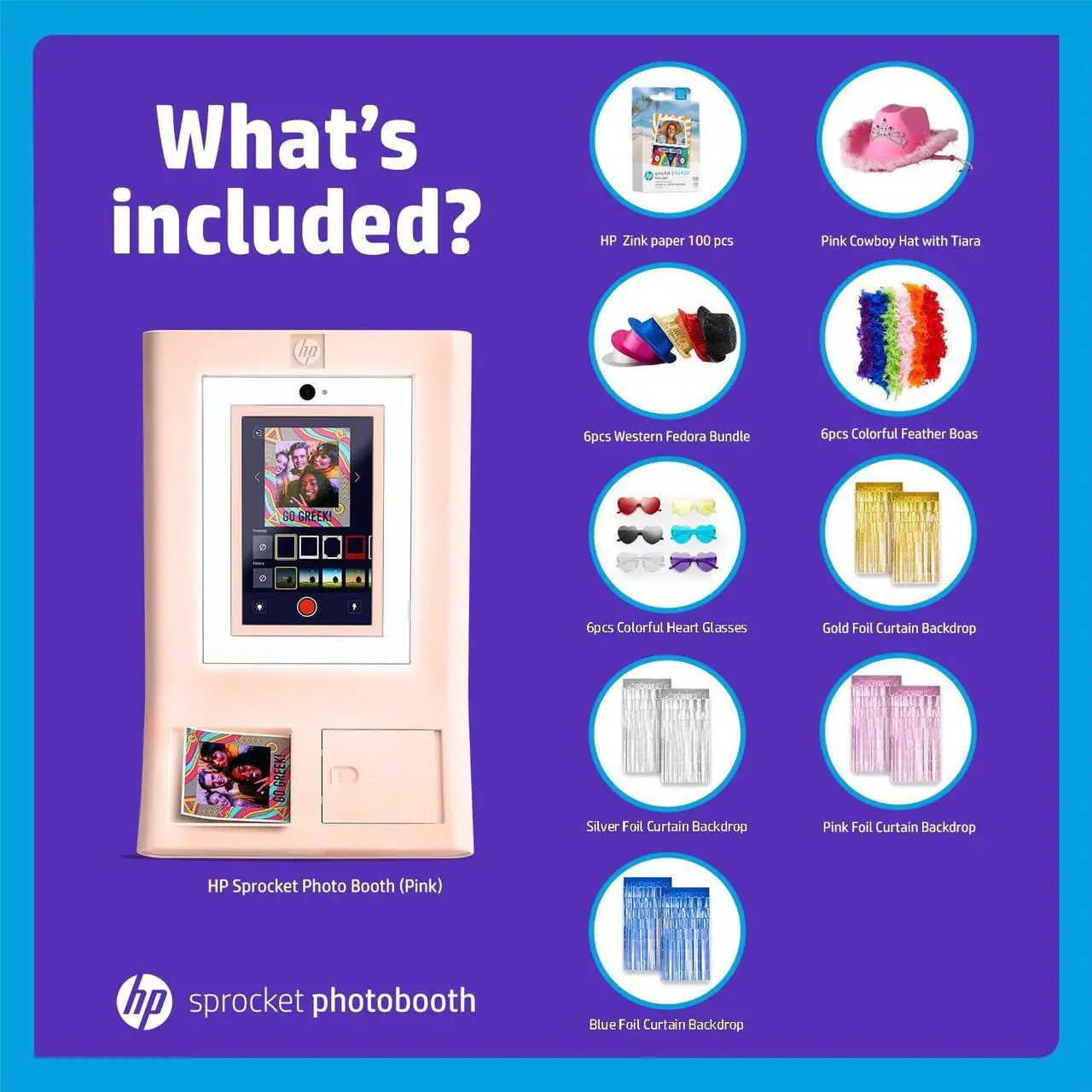 Alt view image 2 of 7 - HP Sprocket Photo Booth Machine Instant Color Photo Printer (Pink) + Zink Paper (100 Sheets)+ Fedora Bundle (x6)+ Heart Glasses (6pc)+ Feather Boas (x6) +Pink Cowboy Hat + Foil Curtain Backdrop (x5)