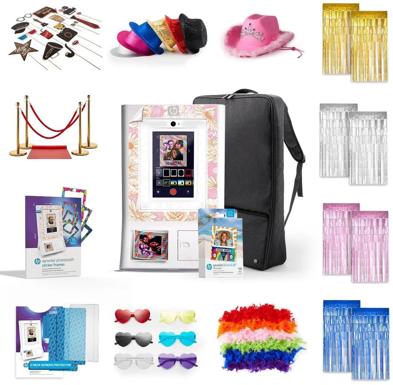 Main image of HP Sprocket Photo Booth Machine Instant Color Photo Printer -White + Paper(x100)+ Red Carpet Bundle + Case + Stickers + Screen Protectors + Fedoras + Glasses +Boas + Cowboy Hat + Foil Curtain Backdrop