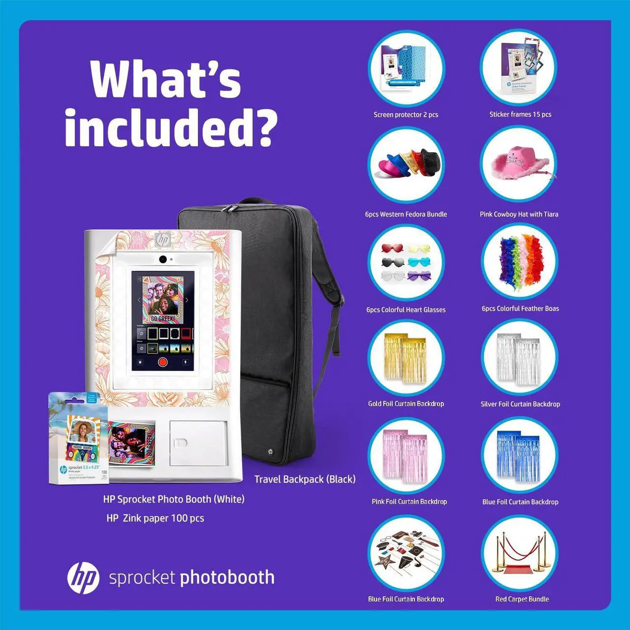 Alt view image 2 of 7 - HP Sprocket Photo Booth Machine Instant Color Photo Printer -White + Paper(x100)+ Red Carpet Bundle + Case + Stickers + Screen Protectors + Fedoras + Glasses +Boas + Cowboy Hat + Foil Curtain Backdrop