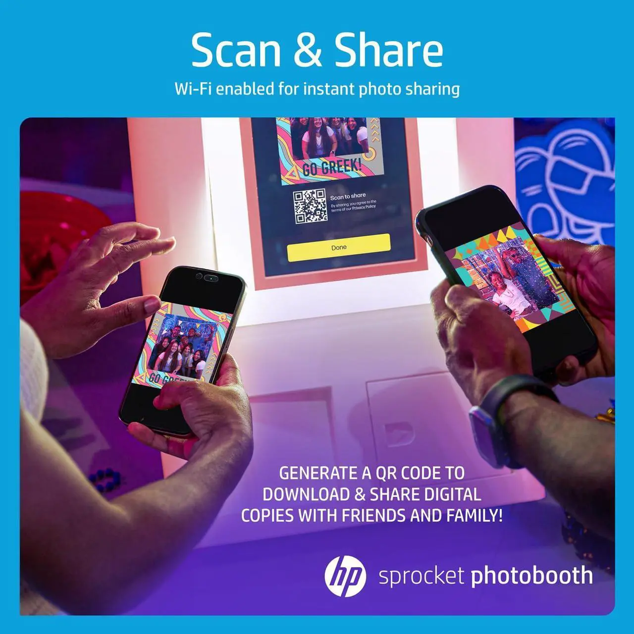 Alt view image 4 of 7 - HP Sprocket Photo Booth Machine Instant Color Photo Printer (Pink) + Zink Paper (100 Sheets)+ Fedora Bundle (x6)+ Heart Glasses (6pc)+ Feather Boas (x6) +Pink Cowboy Hat + Foil Curtain Backdrop (x5)