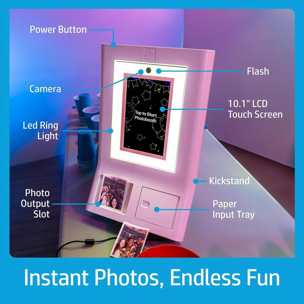 Alt view image 5 of 7 - HP Sprocket Photo Booth Machine Instant Color Photo Printer (Pink) + Zink Paper (100 Sheets)+ Fedora Bundle (x6)+ Heart Glasses (6pc)+ Feather Boas (x6) +Pink Cowboy Hat + Foil Curtain Backdrop (x5)