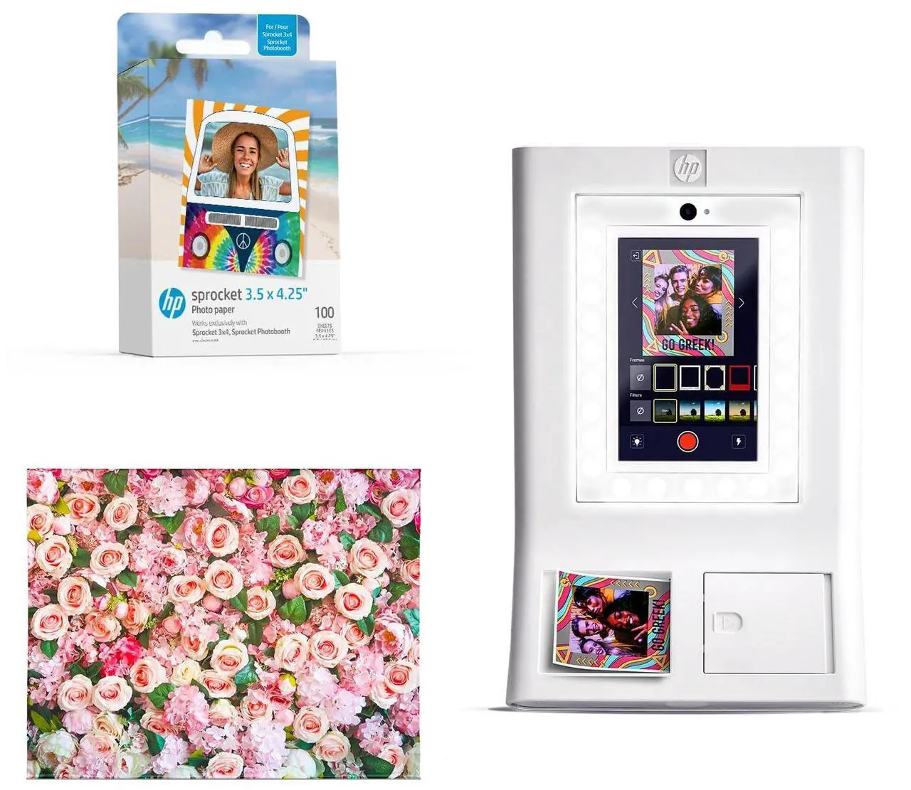 Main image of HP Sprocket Photo Booth Machine Instant Color Photo Printer (White) + Zink Paper (100 Sheets) + Roses Photo Backdrop