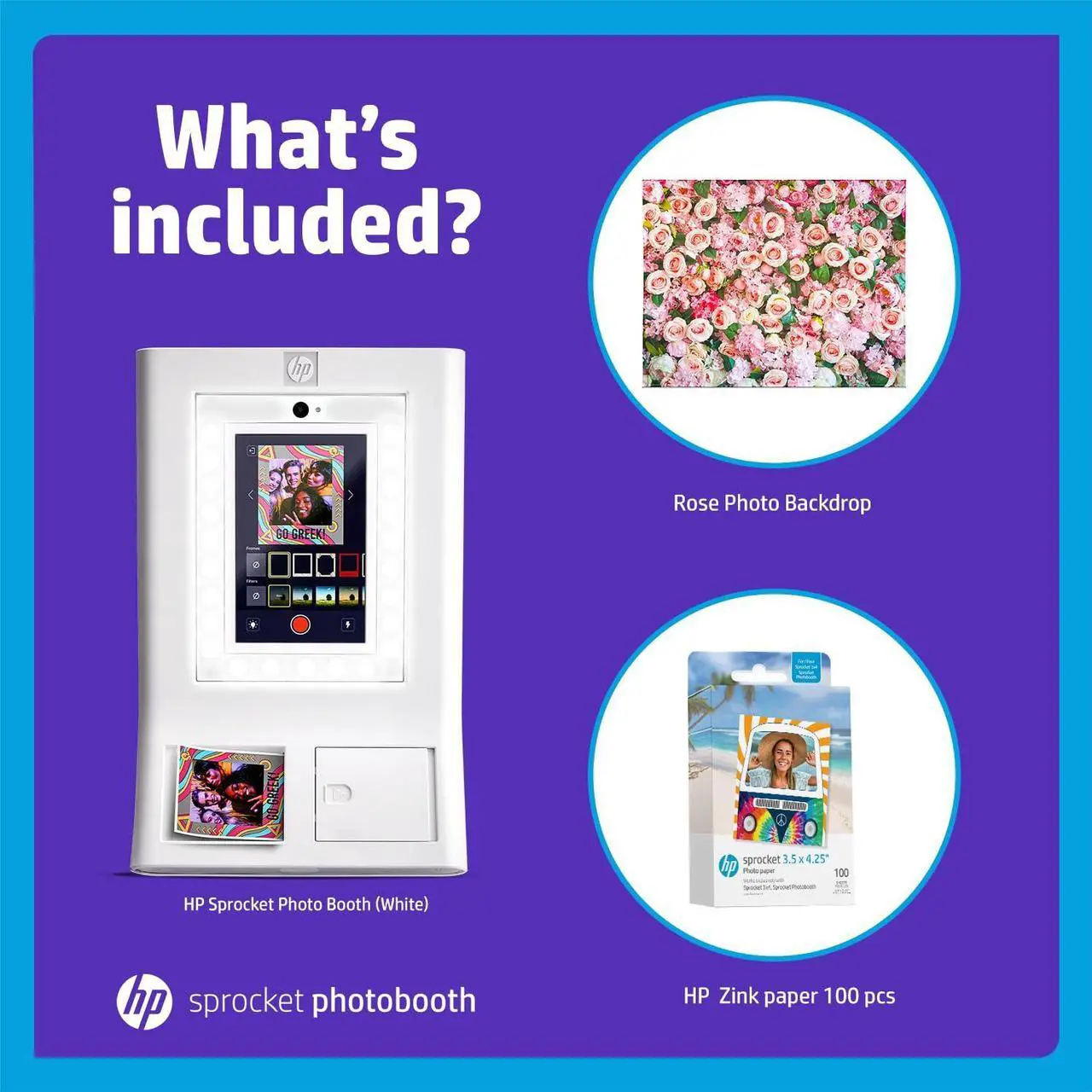 Alt view image 2 of 7 - HP Sprocket Photo Booth Machine Instant Color Photo Printer (White) + Zink Paper (100 Sheets) + Roses Photo Backdrop