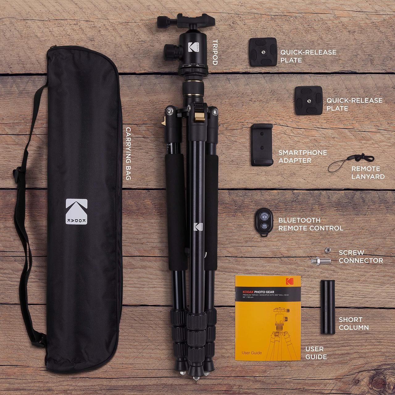 Alt view image 2 of 7 - KODAK Photo Gear 63 Tripod & Monopod with 360° Ball Head | Premium Professional 2-in-1 Aluminum Camera Stand with Bluetooth Remote Control & Smartphone Adapter | Compact & Portable for Work & Travel