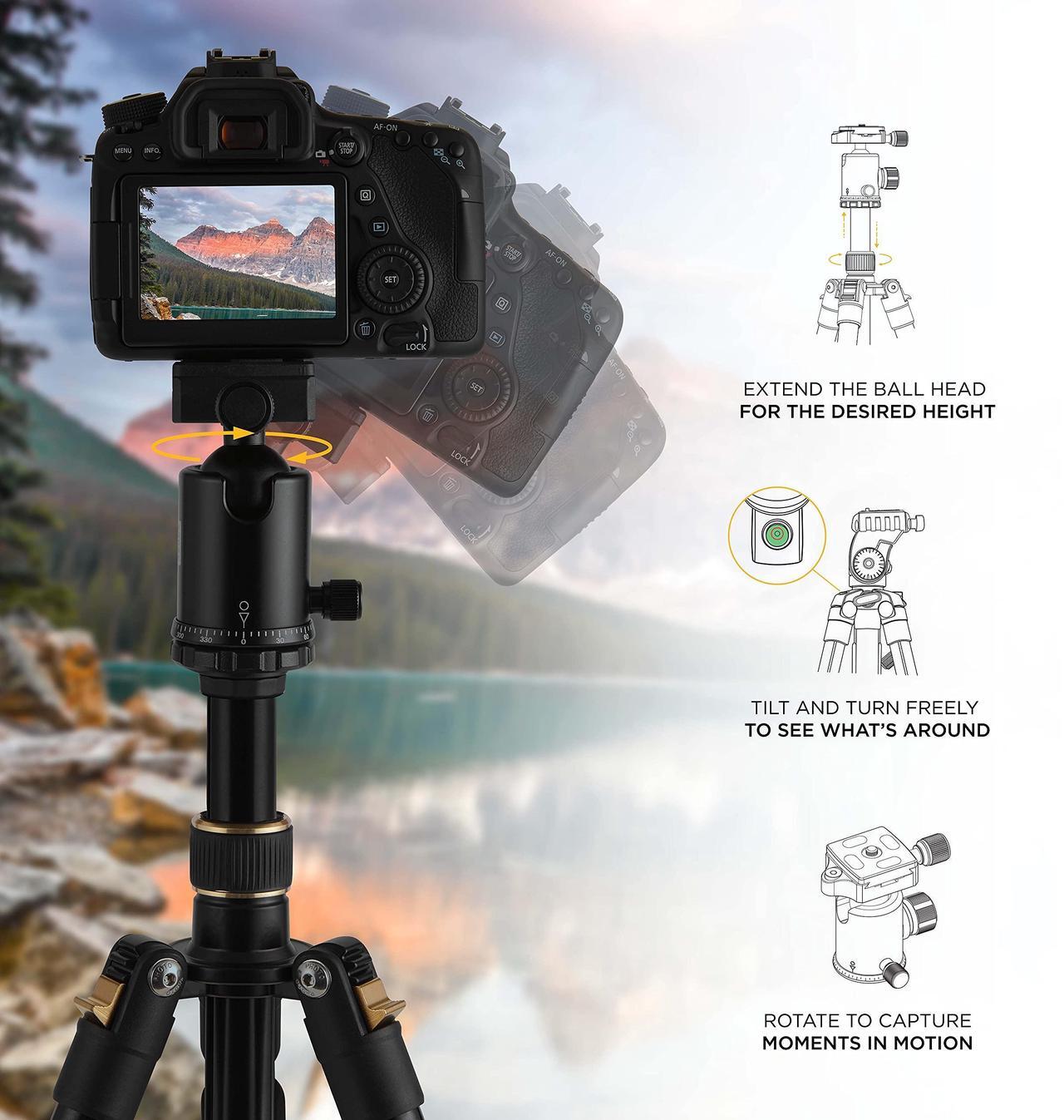 Alt view image 3 of 7 - KODAK Photo Gear 63 Tripod & Monopod with 360° Ball Head | Premium Professional 2-in-1 Aluminum Camera Stand with Bluetooth Remote Control & Smartphone Adapter | Compact & Portable for Work & Travel