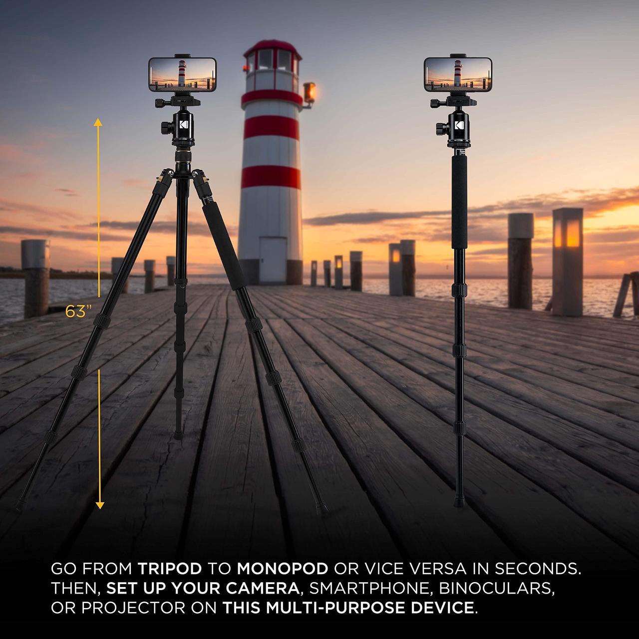 Alt view image 5 of 7 - KODAK Photo Gear 63 Tripod & Monopod with 360° Ball Head | Premium Professional 2-in-1 Aluminum Camera Stand with Bluetooth Remote Control & Smartphone Adapter | Compact & Portable for Work & Travel