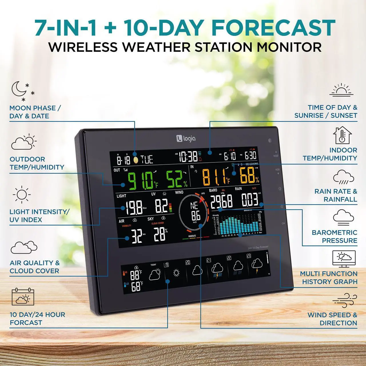 Alt view image 2 of 7 - Logia 7-in-1 Wi-Fi Wireless Weather Station with 10-Day / 24 Hour Forecast, Solar & Large 8" Color Display | Measures Wind Speed/Direction, Rainfall, UV Index, Light Intensity, Temperature & Humidity