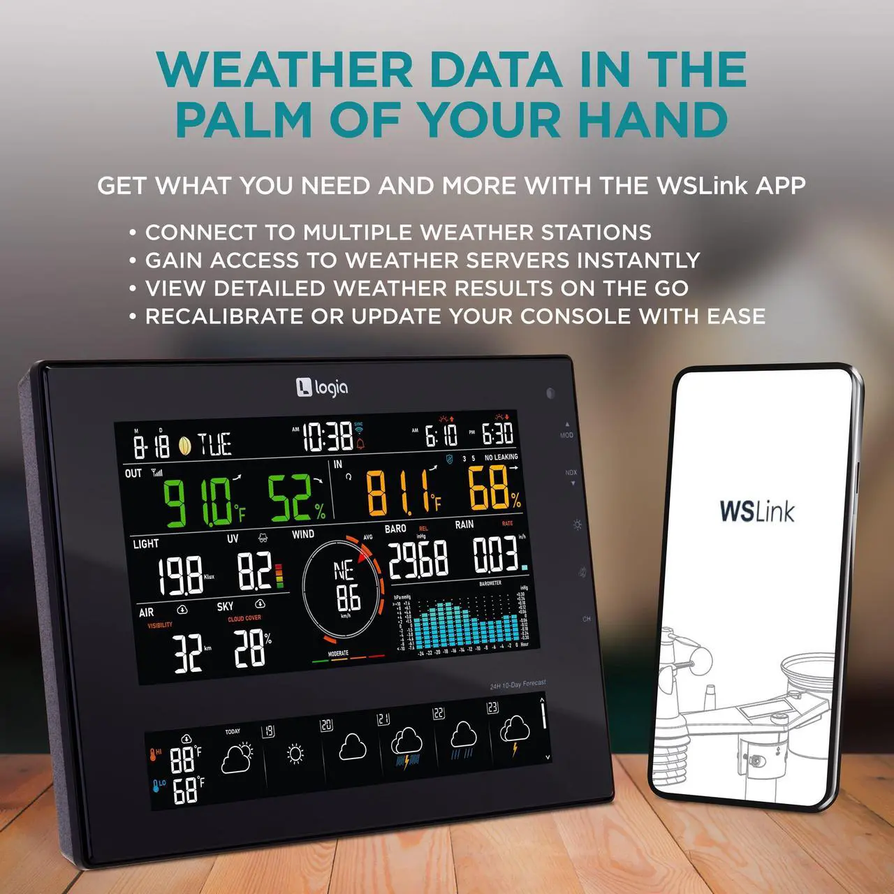 Alt view image 4 of 7 - Logia 7-in-1 Wi-Fi Wireless Weather Station with 10-Day / 24 Hour Forecast, Solar & Large 8" Color Display | Measures Wind Speed/Direction, Rainfall, UV Index, Light Intensity, Temperature & Humidity