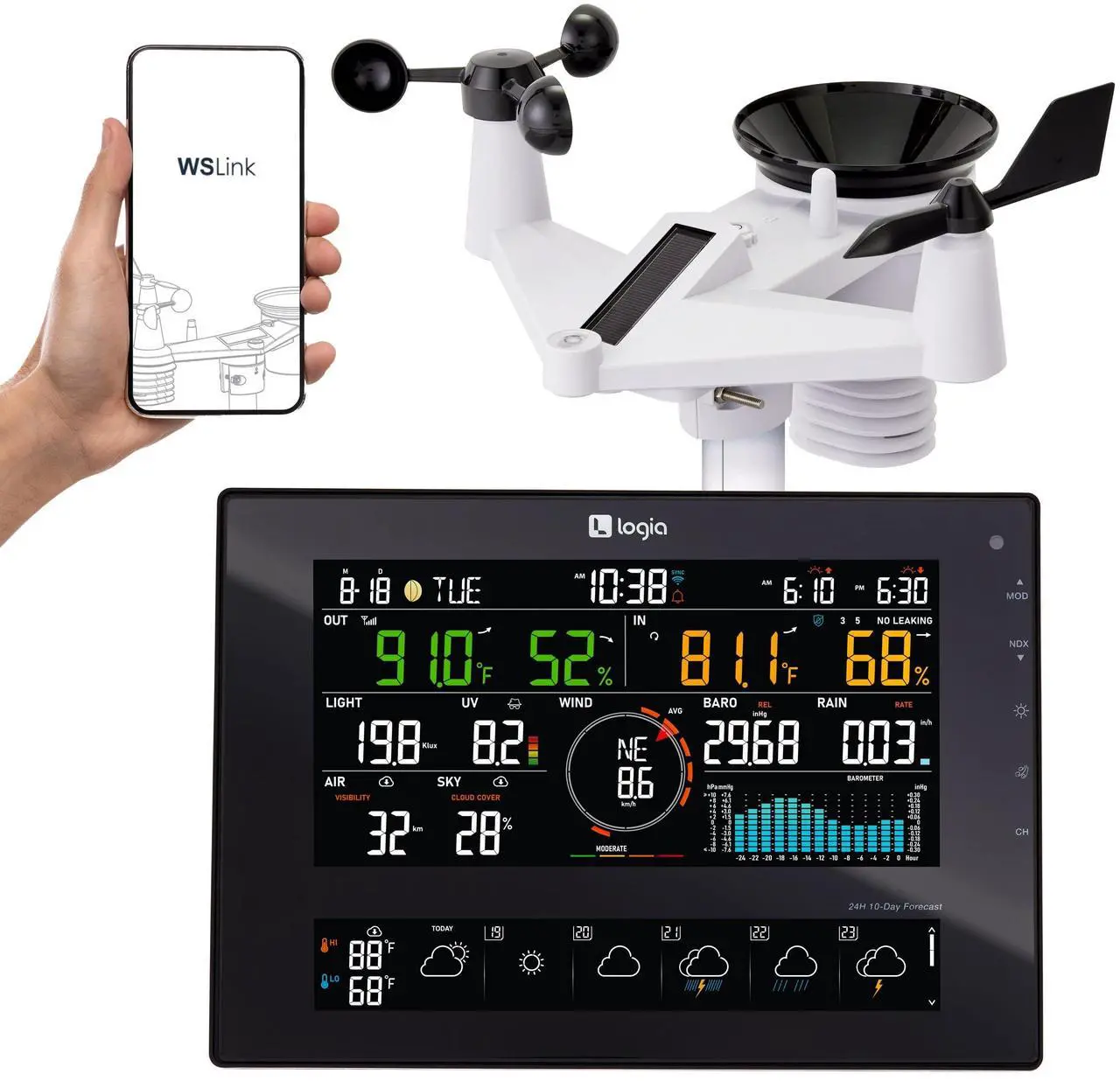 Main image of Logia 7-in-1 Wi-Fi Wireless Weather Station with 10-Day / 24 Hour Forecast, Solar & Large 8" Color Display | Measures Wind Speed/Direction, Rainfall, UV Index, Light Intensity, Temperature & Humidity