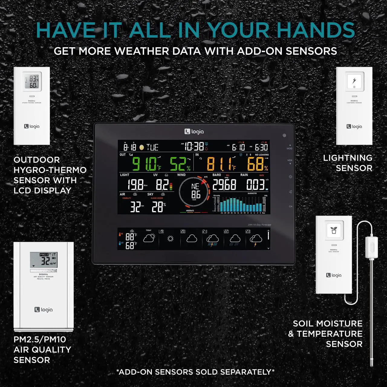 Alt view image 7 of 7 - Logia 7-in-1 Wi-Fi Wireless Weather Station with 10-Day / 24 Hour Forecast, Solar & Large 8" Color Display | Measures Wind Speed/Direction, Rainfall, UV Index, Light Intensity, Temperature & Humidity