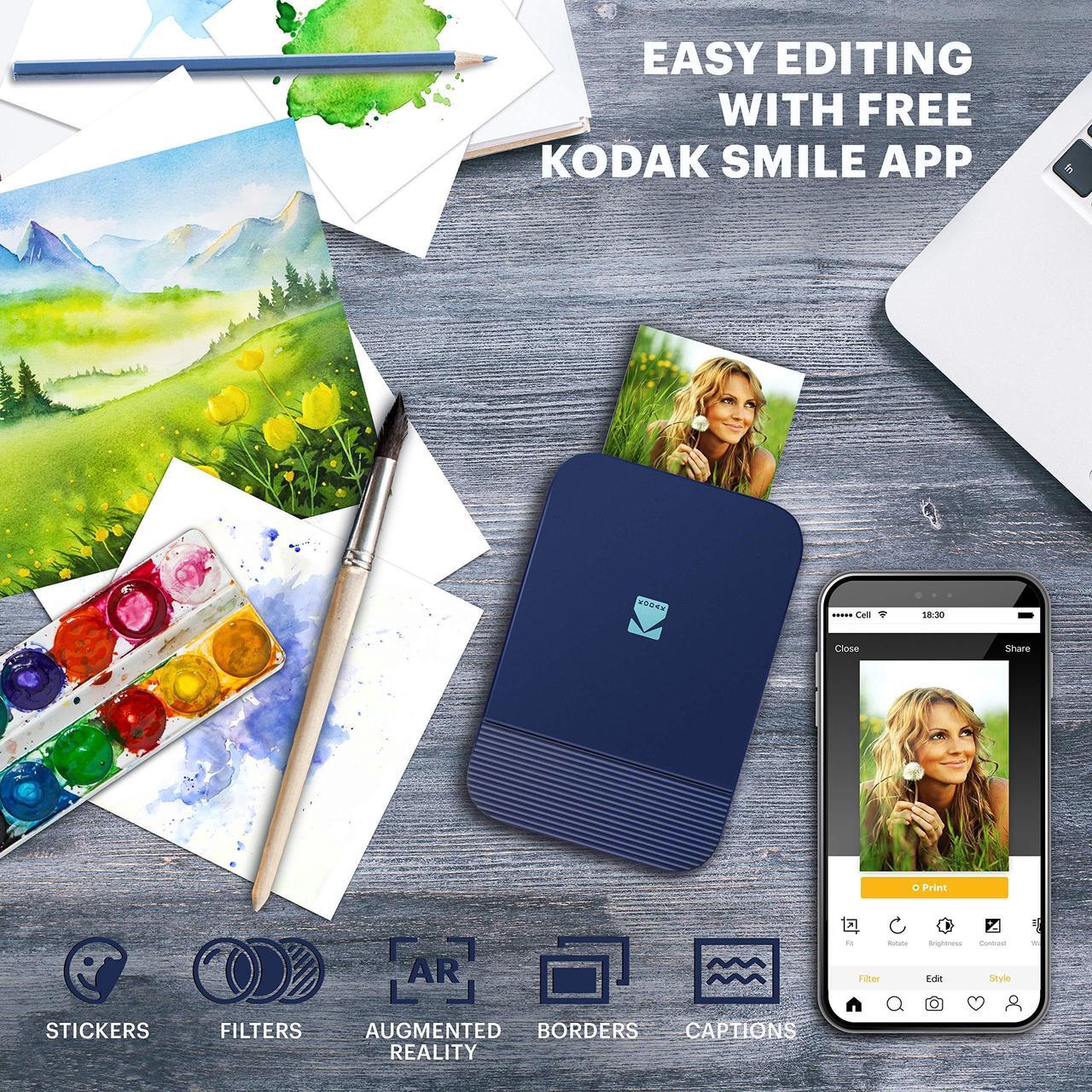 Alt view image 2 of 6 - KODAK Smile Instant Digital Bluetooth Printer for iPhone & Android  Edit, Print & Share 2x3 ZINK Photos w/ Smile App (Blue) Sticker Edition