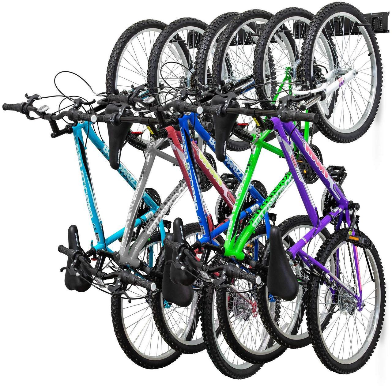 Main image of RaxGo Garage Bike Rack, Wall mounted Bicycle Storage Hanger, 6 Adjustable Hooks Universal for Indoor & Home Use