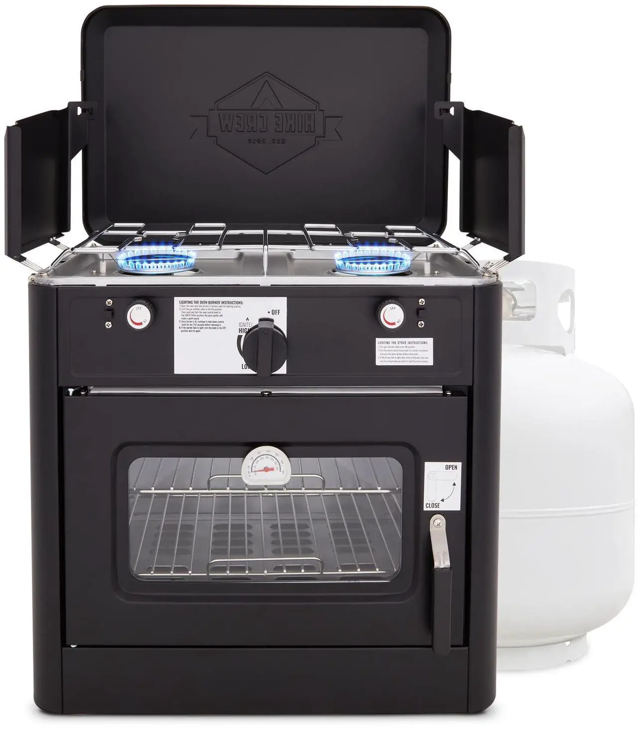 Main image of Hike Crew Outdoor Gas Camping Oven w/ Carry Bag | CSA Approved Portable Propane-Powered 2-Burner Stove & Oven | Auto Ignition, Overheat Safety Shutoff, Built-In Thermometer | Hose & Regulator Included