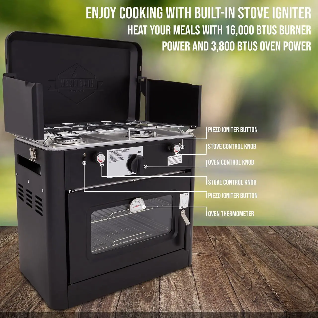 Alt view image 2 of 7 - Hike Crew Outdoor Gas Camping Oven w/ Carry Bag | CSA Approved Portable Propane-Powered 2-Burner Stove & Oven | Auto Ignition, Overheat Safety Shutoff, Built-In Thermometer | Hose & Regulator Included
