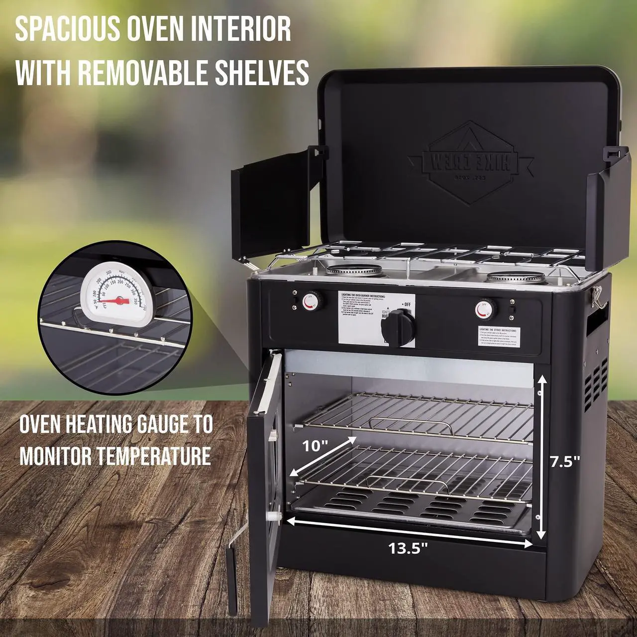 Alt view image 5 of 7 - Hike Crew Outdoor Gas Camping Oven w/ Carry Bag | CSA Approved Portable Propane-Powered 2-Burner Stove & Oven | Auto Ignition, Overheat Safety Shutoff, Built-In Thermometer | Hose & Regulator Included