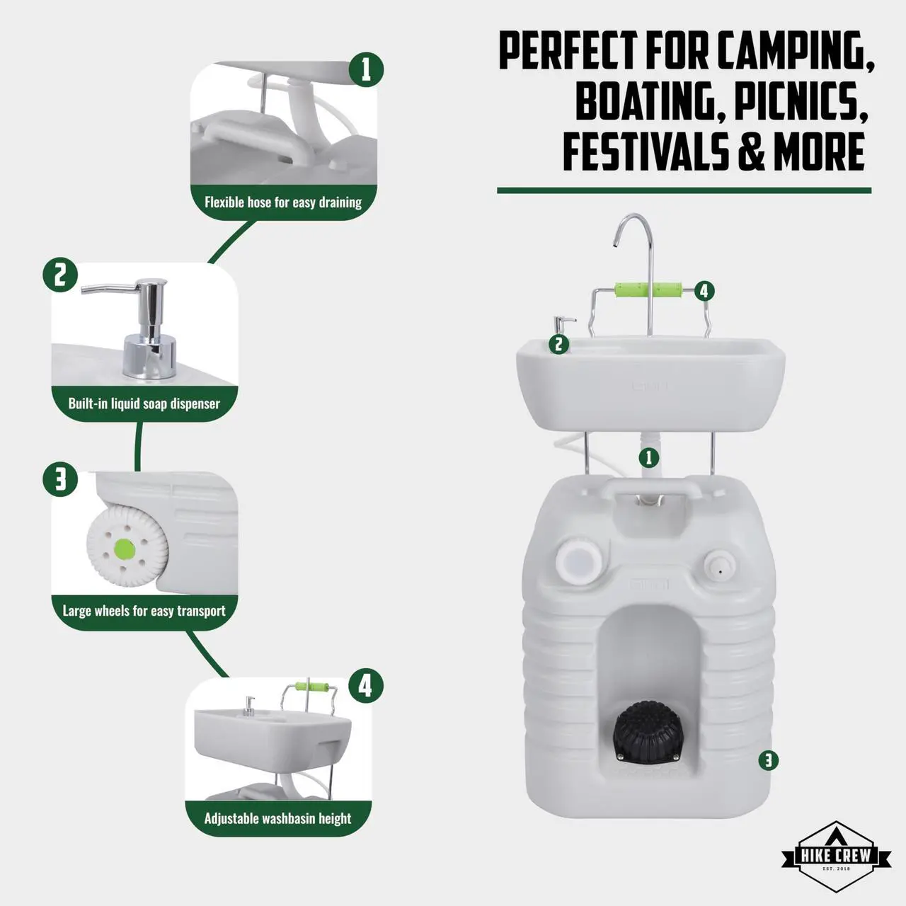 Alt view image 2 of 6 - Hike Crew Portable Camping Sink & Water Reserve | Outdoor Travel Hand Wash Station with Large 12 Gallon Capacity Water Tank, Hands-Free Foot Pump, Faucet, Soap Dispenser, Rolling Wheels & Carry Handle
