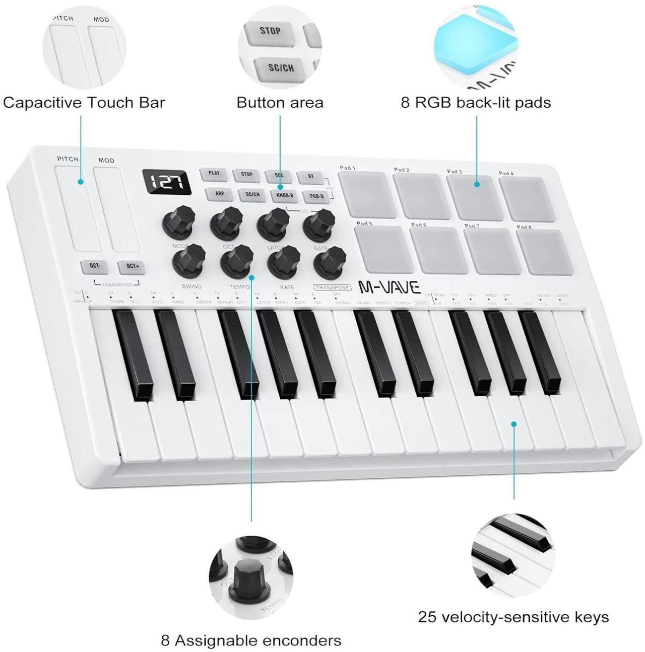 Alt view image 6 of 6 - M-WAVE MIDI Keyboard Bluetooth - 25-Key Pad Controller with Drum Pads, Knobs, Software Included