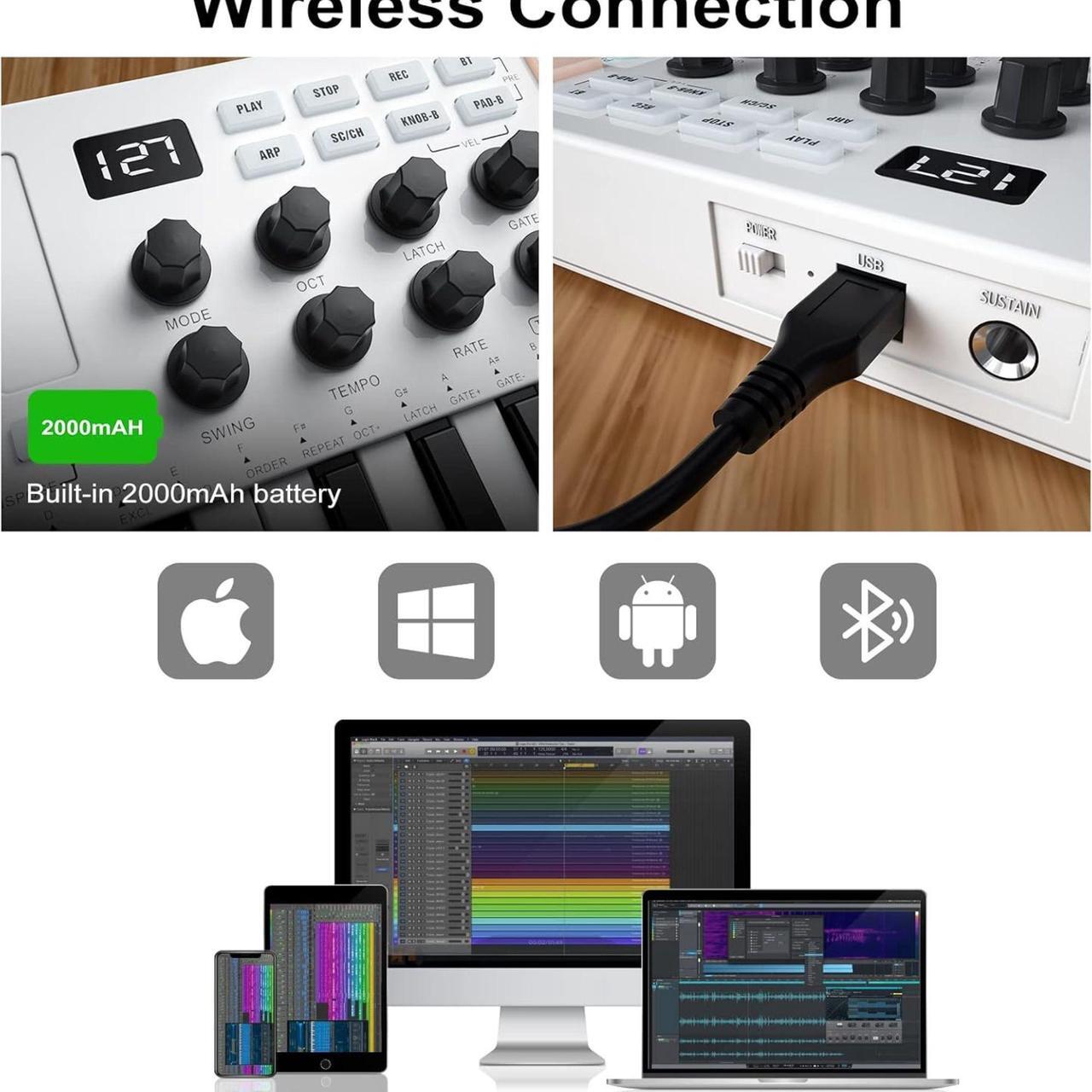 Alt view image 5 of 6 - M-WAVE MIDI Keyboard Bluetooth - 25-Key Pad Controller with Drum Pads, Knobs, Software Included