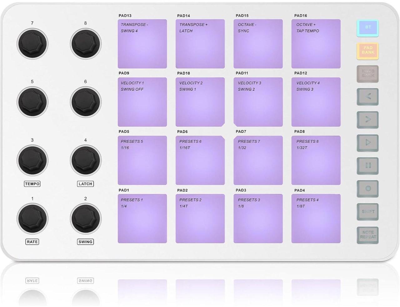 Main image of M-WAVE Midi Controller - Bluetooth USB Pad - 16 Drum Pads, 8 Knobs, Rechargeable, DAW Compatible