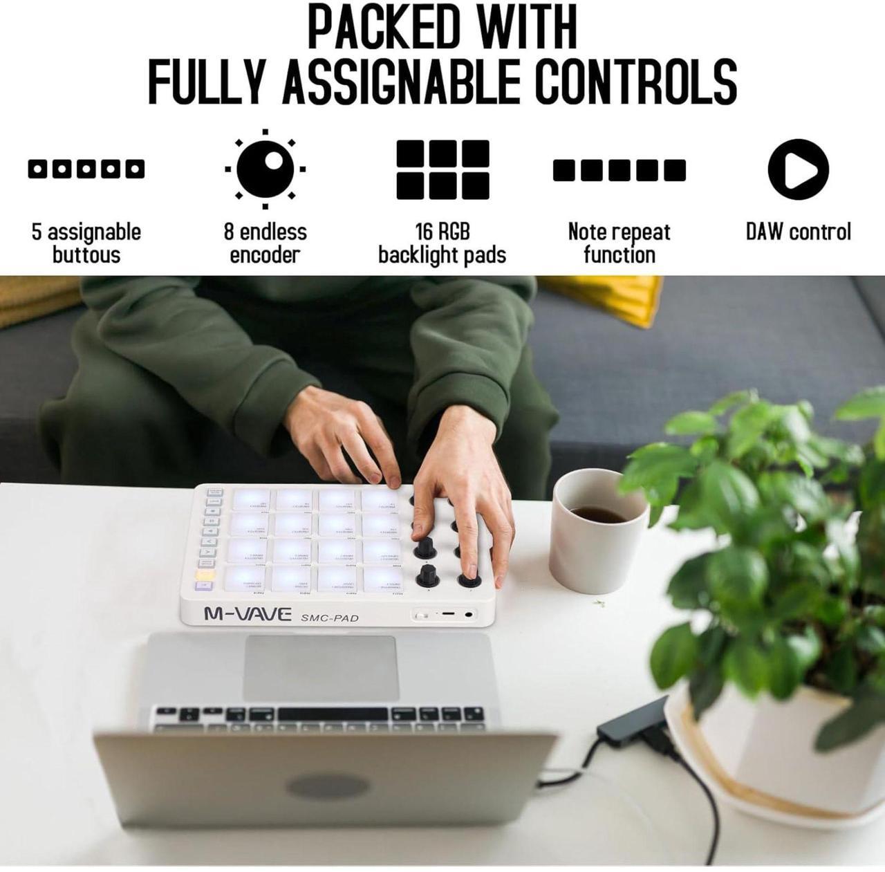 Alt view image 4 of 6 - M-WAVE Midi Controller - Bluetooth USB Pad - 16 Drum Pads, 8 Knobs, Rechargeable, DAW Compatible