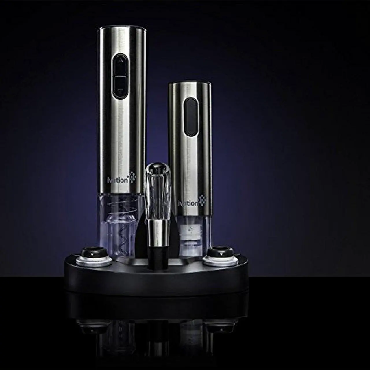 Alt view image 2 of 9 - Ivation Wine Gift Set, Includes Stainless Steel Electric Wine Bottle Opener, Wine Aerator, Electric Vacuum Wine Preserver, 2 Bottle Stoppers, Foil Cutter & LED Charging Base