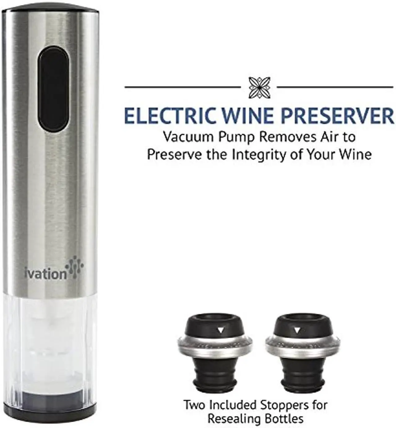 Alt view image 4 of 9 - Ivation Wine Gift Set, Includes Stainless Steel Electric Wine Bottle Opener, Wine Aerator, Electric Vacuum Wine Preserver, 2 Bottle Stoppers, Foil Cutter & LED Charging Base