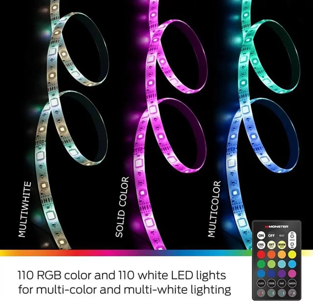 Alt view image 5 of 5 - Monster MLB72048RGB 16.4ft Sound Reactive Smart Multi-Color Multi-White LED Light Strip
