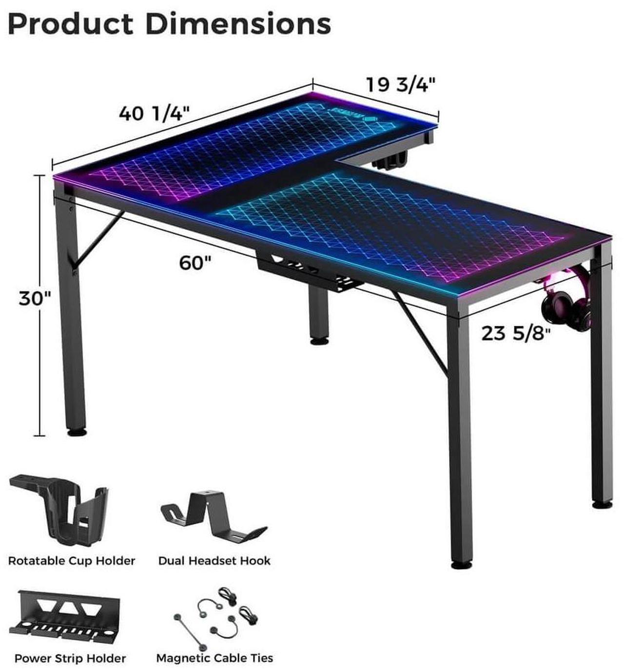 Alt view image 2 of 7 - Eureka Ergonomic RGB LED Lights Glass Gaming Desk - 60" x 40.25" x 30" -Black  ERK-GD-L60R-B-US