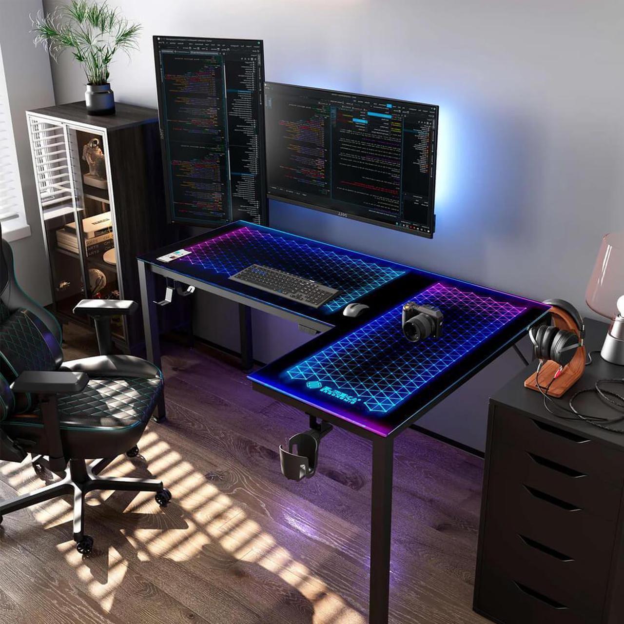 Alt view image 6 of 7 - Eureka Ergonomic RGB LED Lights Glass Gaming Desk - 60" x 40.25" x 30" -Black  ERK-GD-L60R-B-US