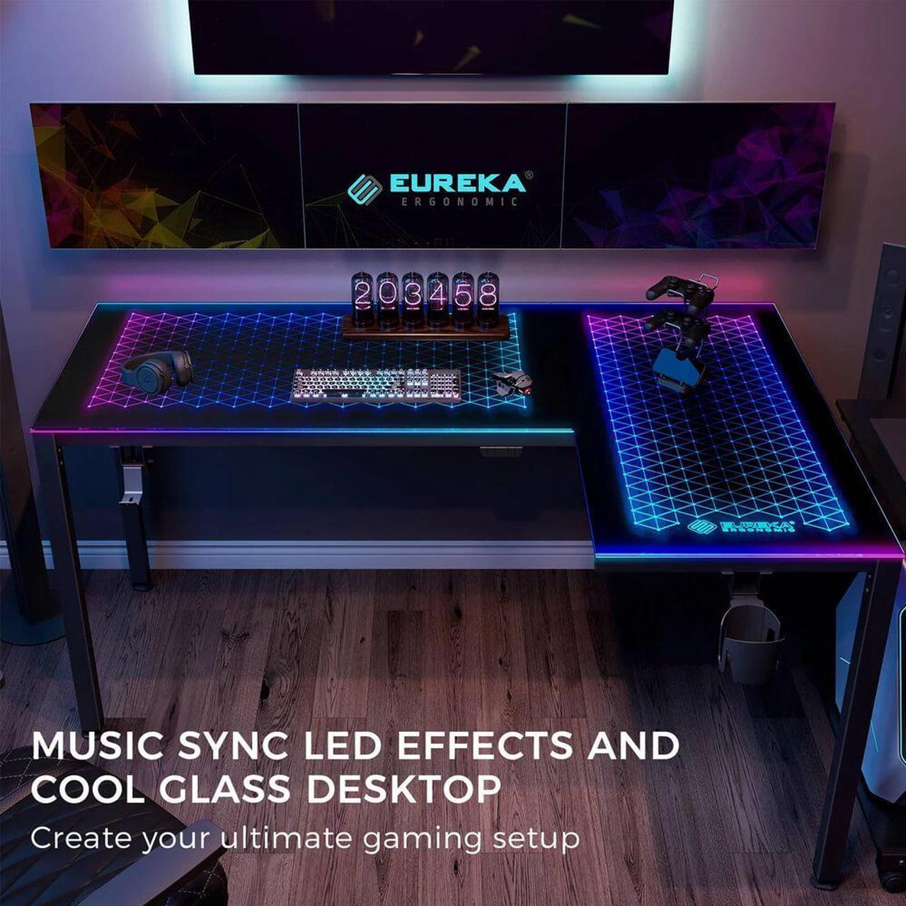 Alt view image 3 of 7 - Eureka Ergonomic RGB LED Lights Glass Gaming Desk - 60" x 40.25" x 30" -Black  ERK-GD-L60R-B-US