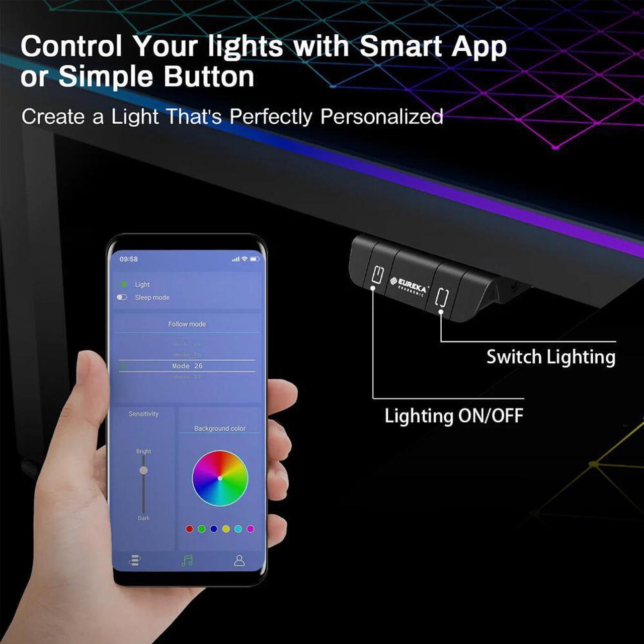 Alt view image 5 of 7 - Eureka Ergonomic RGB LED Lights Glass Gaming Desk - 60" x 40.25" x 30" -Black  ERK-GD-L60R-B-US