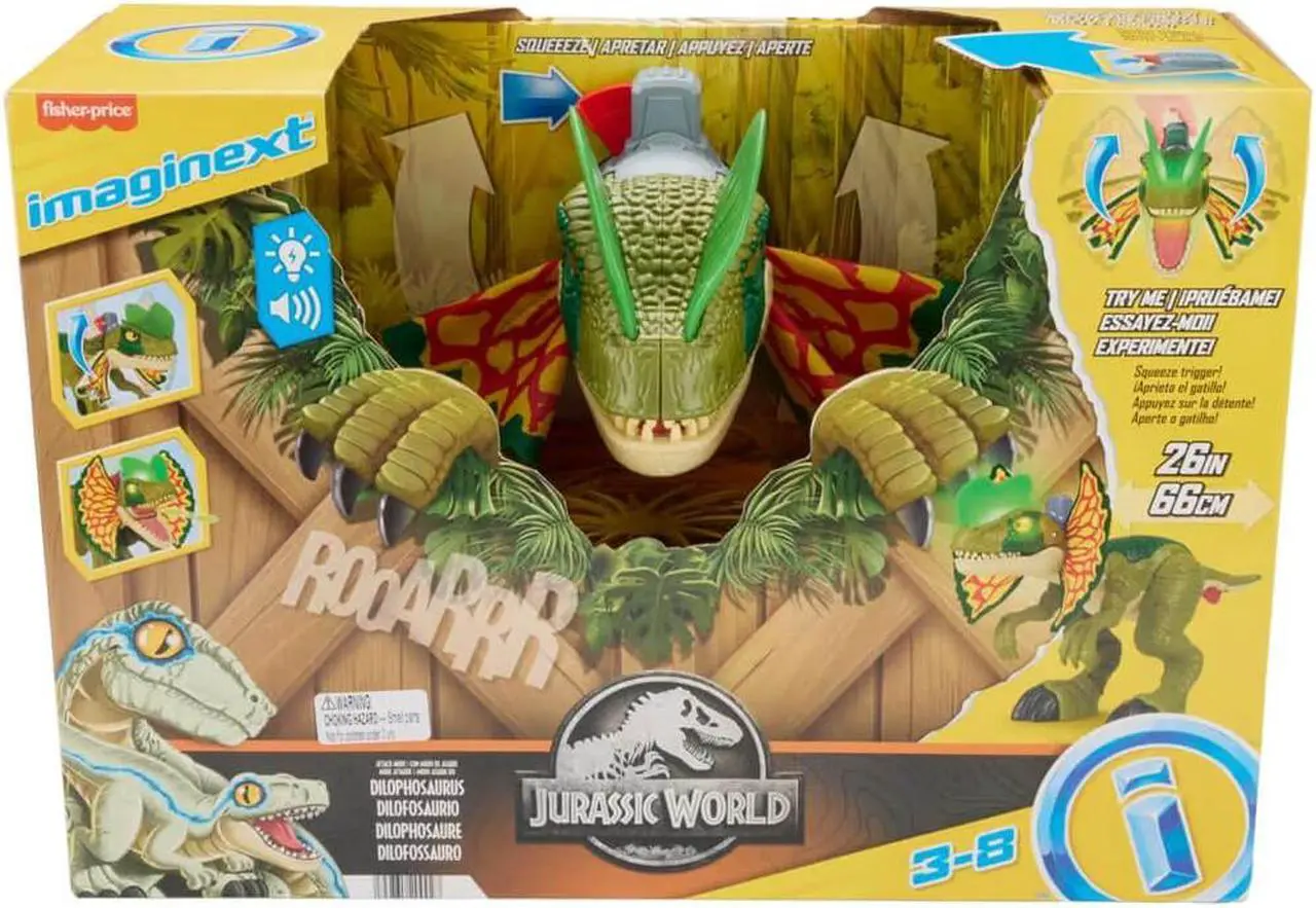 Alt view image 6 of 6 - Mattel HVY16 Imaginext Jurassic World Thrash Attack Dilophosaurus Dinosaur Toy